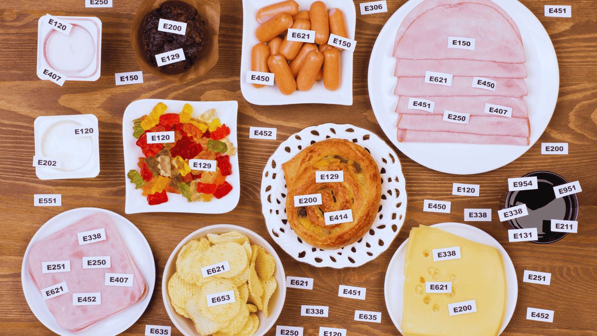 Food on table with labels