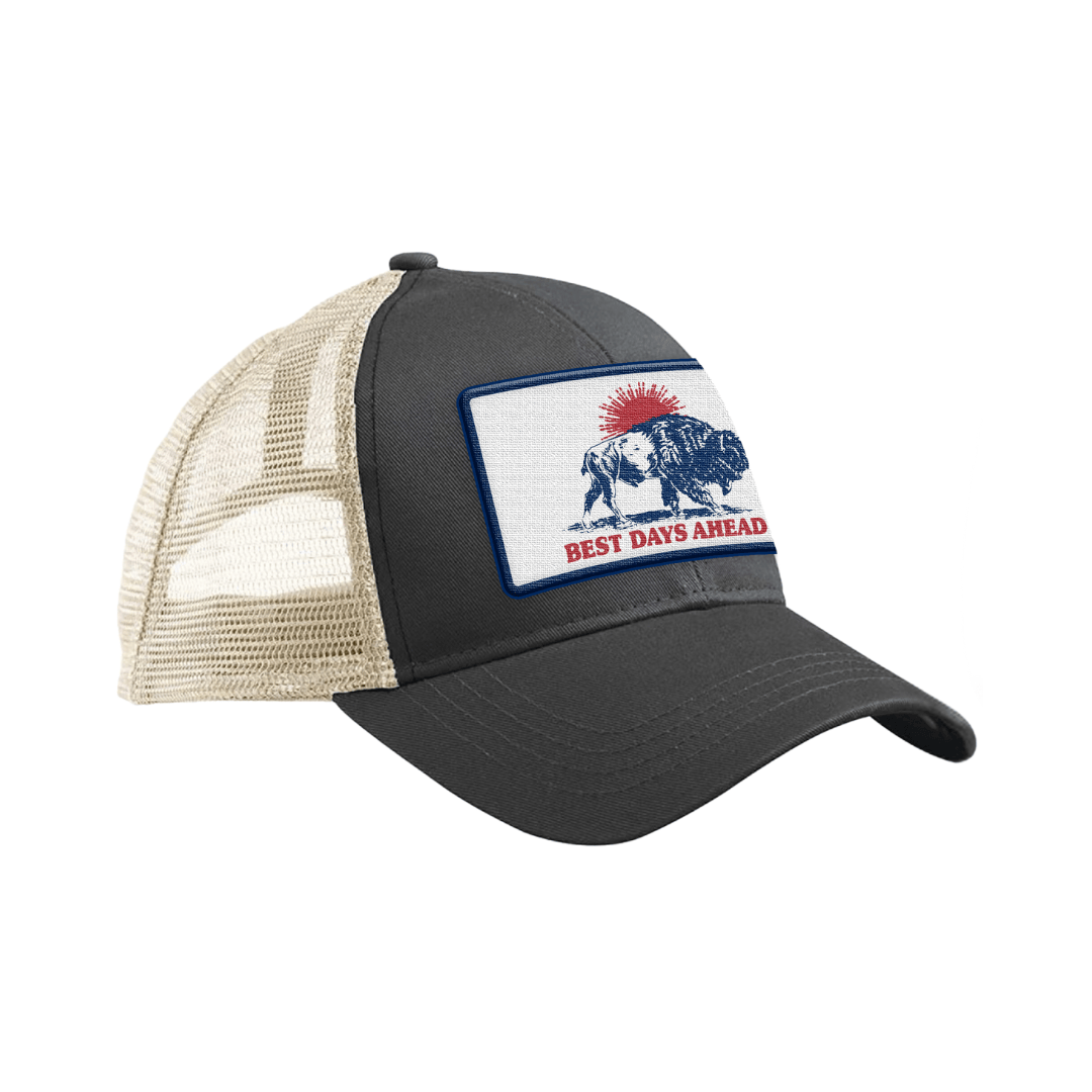 Black and oyster trucker hat with a Regenaissance Best Days Aheads patch on a white background