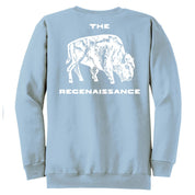 Light blue sweatshirt with a white Regenaissance bison graphic and text on the back against a white background.