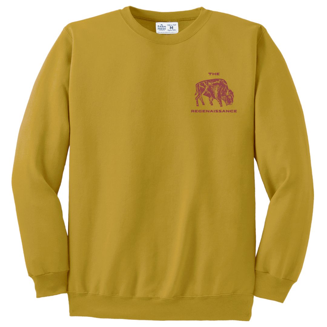 Mustard sweatshirt with a red Regenaissance logo graphic and text on a white background