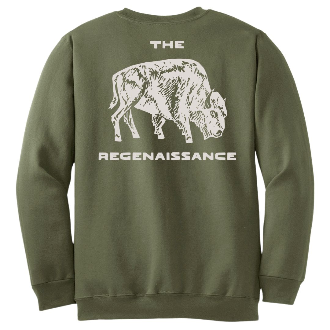 Rosemary sweatshirt with a white regenaissance bison logo graphic and text on the back against a white background