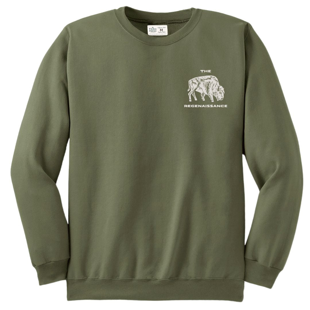 Rosemary sweatshirt with a white Regenaissance bison logo on a white background