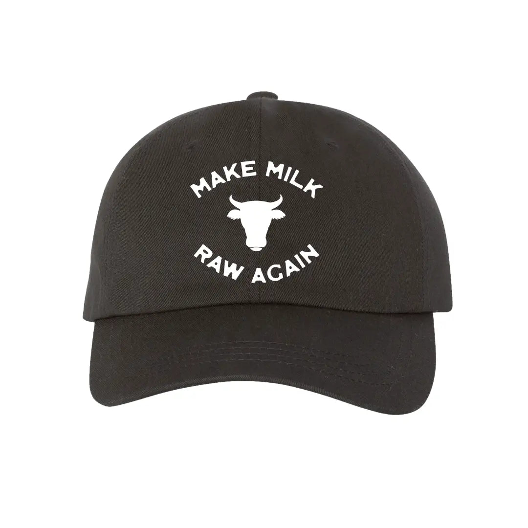 The black MMRA Cow Cap by Farm Fresh Clothing features a bold white cow head illustration and “MAKE MILK RAW AGAIN”—the perfect statement piece for raw milk fans and food freedom supporters.