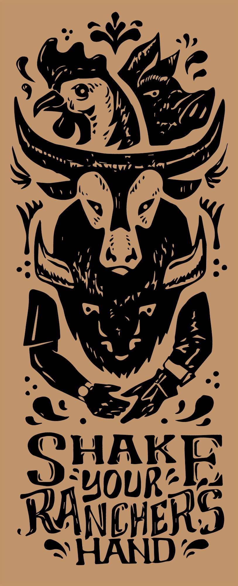 Show your support for real food with the Shake Your Ranchers Hand Sticker by Sticker Mule—a unique vinyl sticker featuring a rooster, cow, and handshake graphic with SHAKE YOUR RANCHERS HAND text. Know your farmer!.