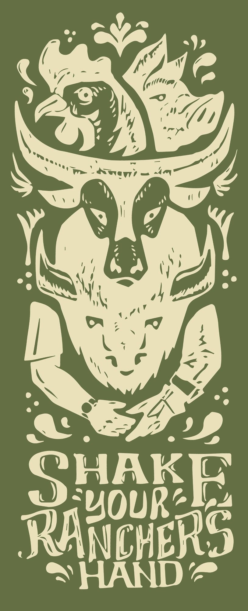 The Shake Your Ranchers Hand Sticker by Sticker Mule features a chicken, cow, and sheep above a handshake on a green background in a cut-paper style, encouraging you to know your farmer and choose real food.
