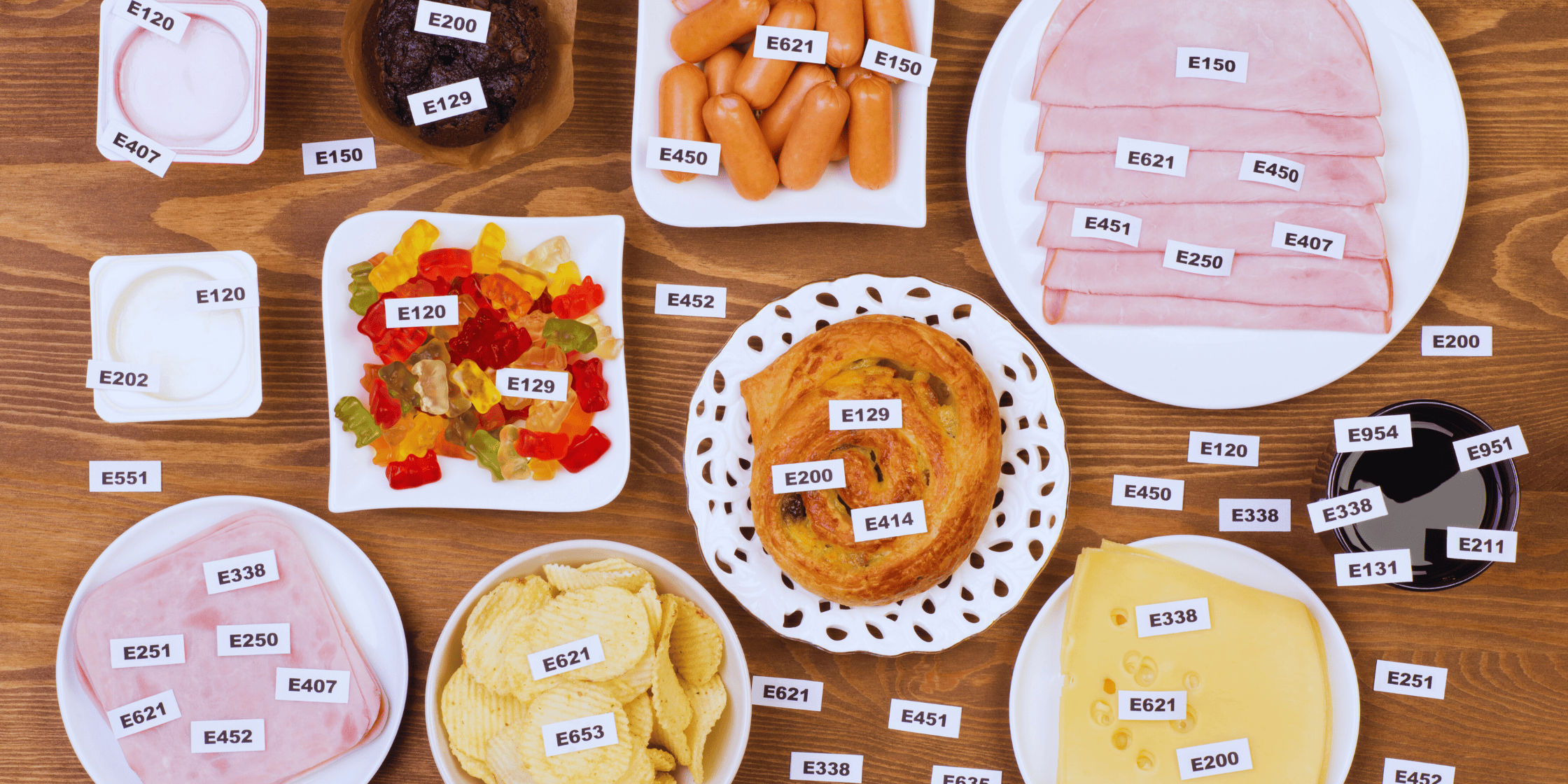 Food on table with labels