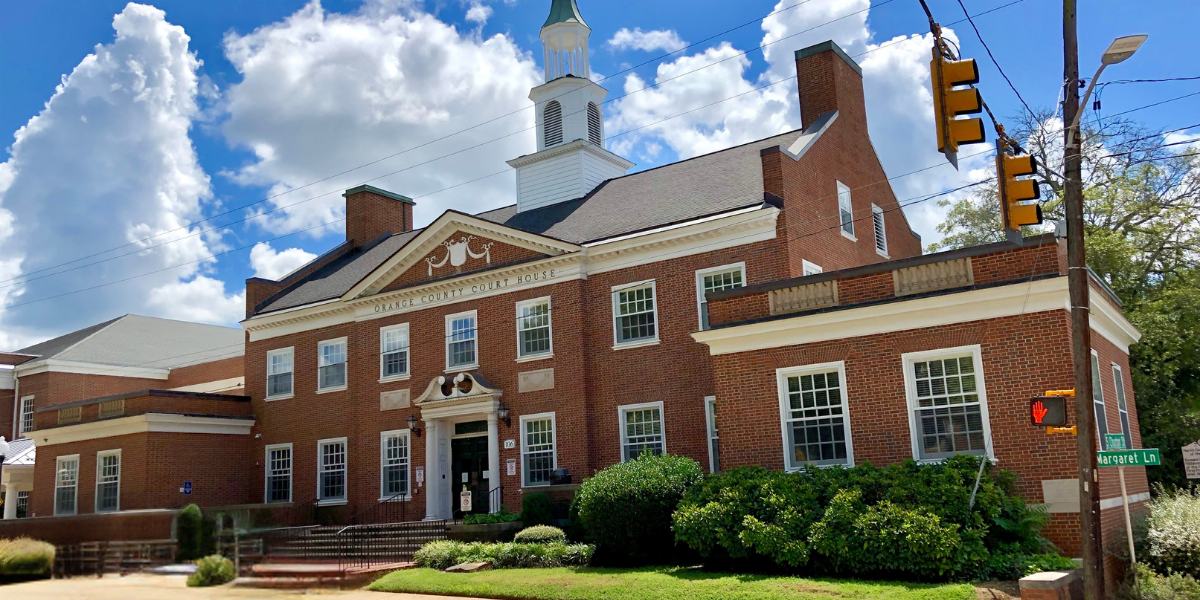 Orange County Courthouse in North Carolina, center of the Union Grove Farm conservation lawsuit, with red brick walls and a white cupola.