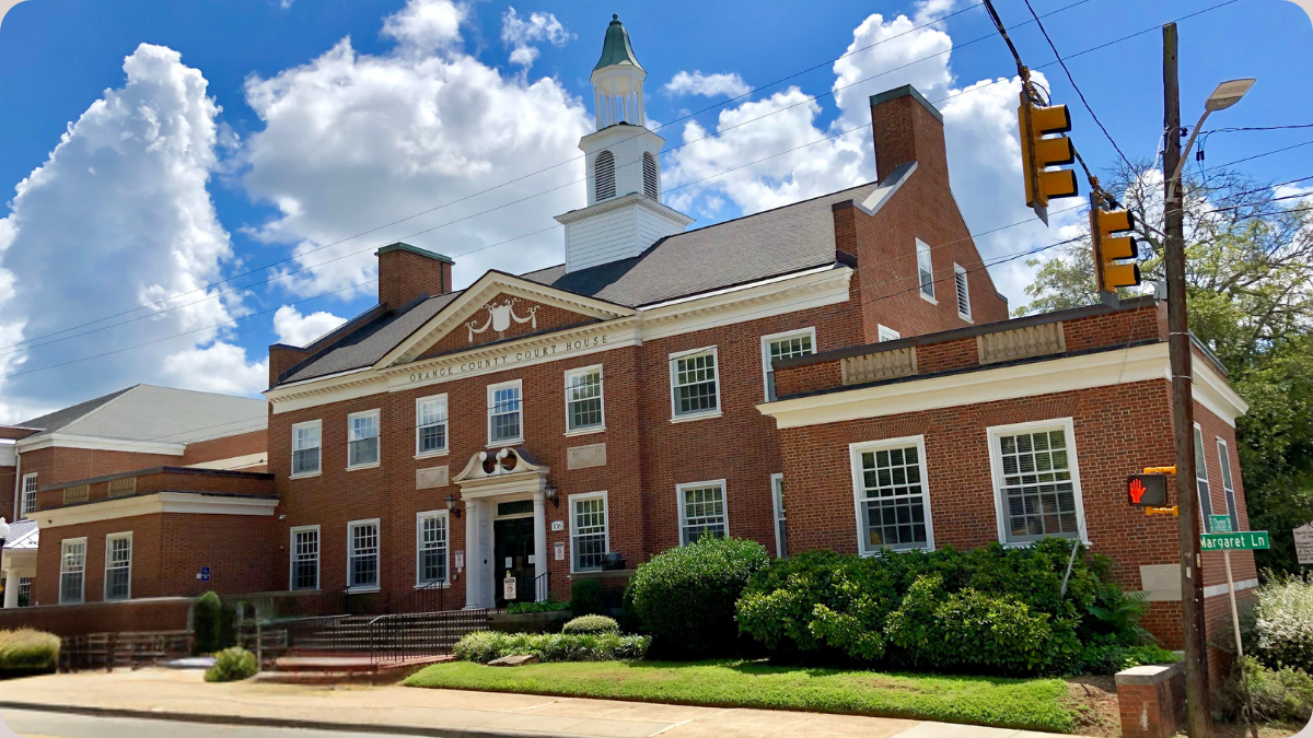 Orange County Courthouse in North Carolina, center of the Union Grove Farm conservation lawsuit, with red brick walls and a white cupola.