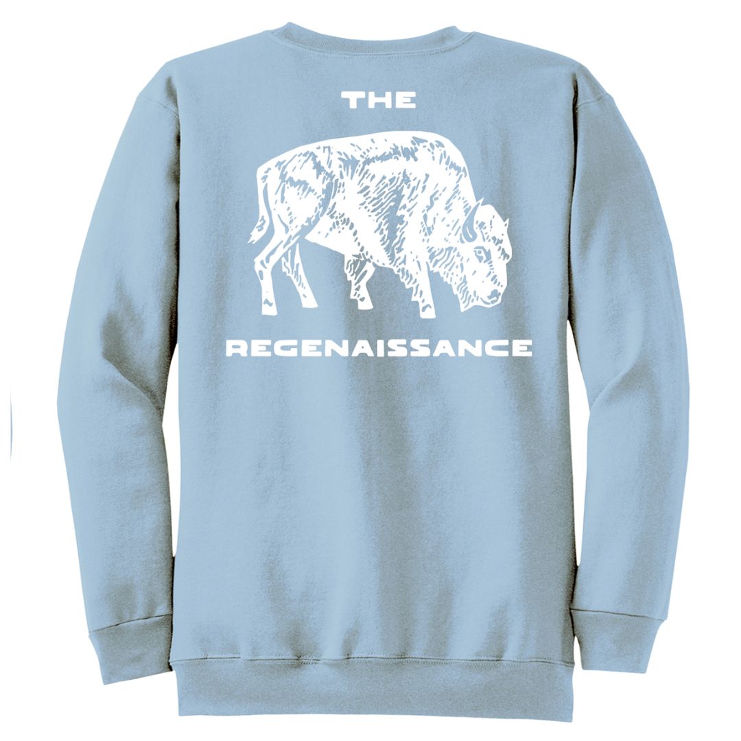 Light blue sweatshirt with a white Regenaissance bison graphic and text on the back against a white background.