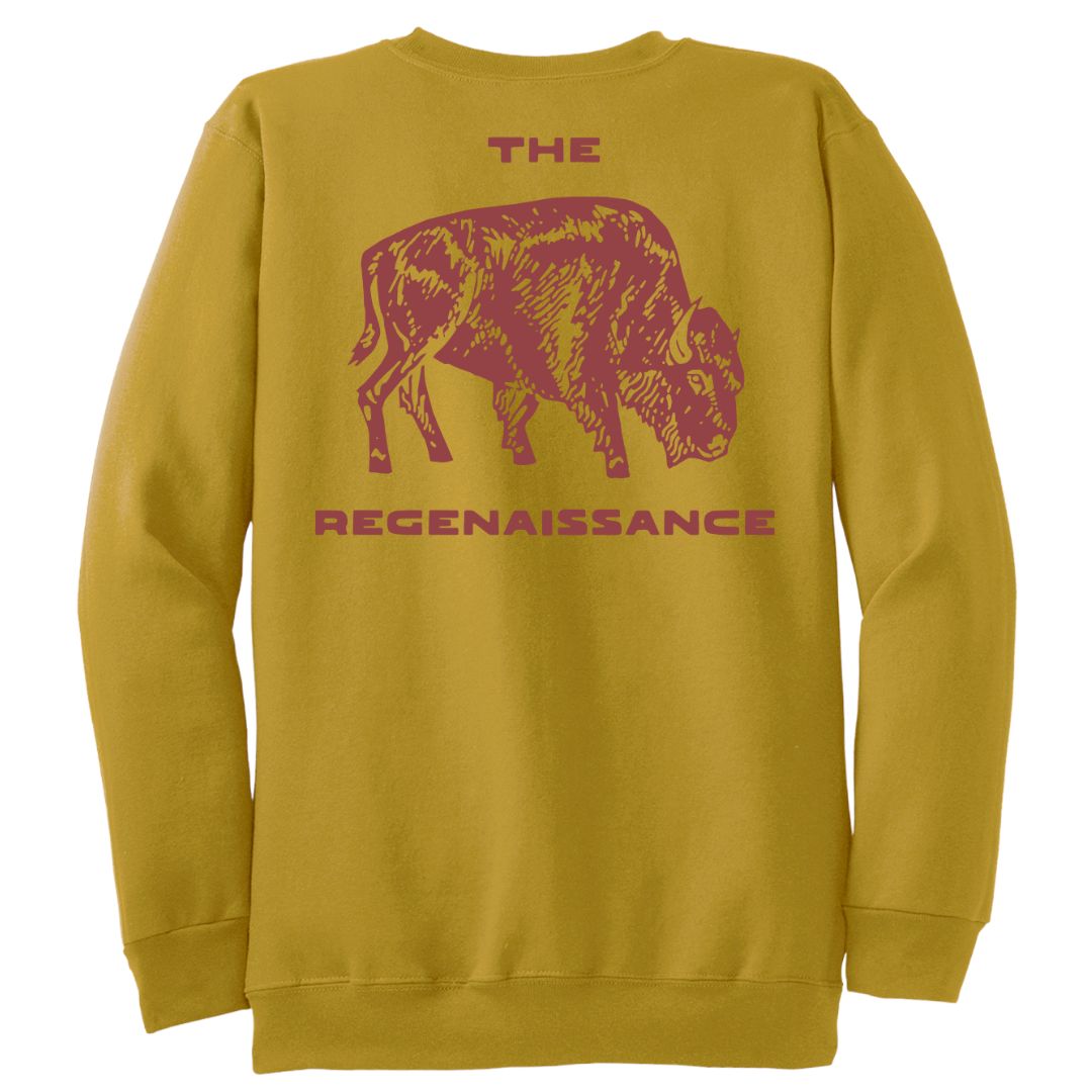 Mustard sweatshirt with a red Regenaissance bison graphic and text on the back against a white background.