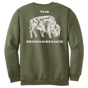 Rosemary sweatshirt with a white regenaissance bison logo graphic and text on the back against a white background