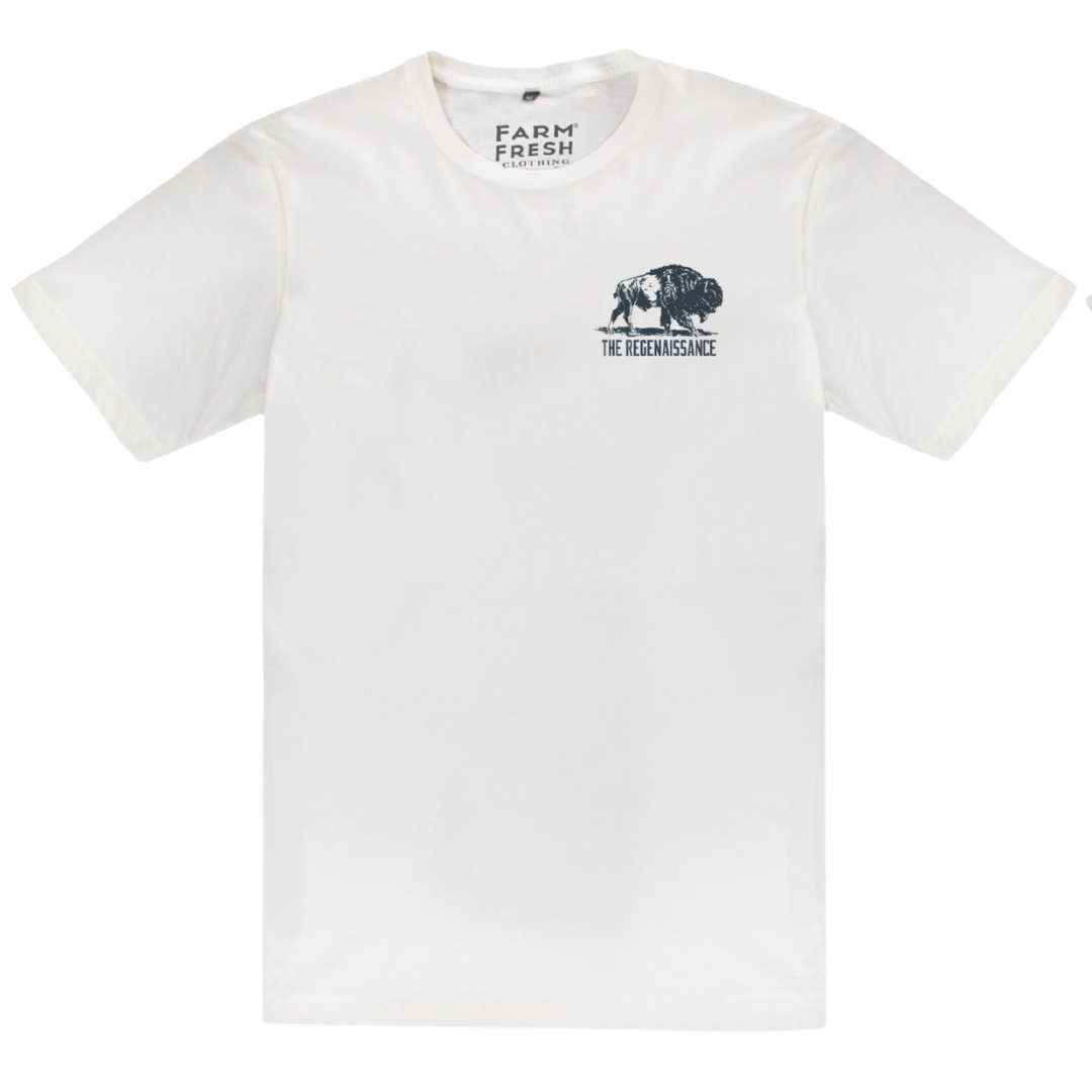Flat lay front view of white Regenerate Agriculture Tee with navy bison logo and The Regenaissance text on chest.