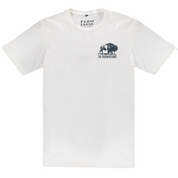 Flat lay front view of white Regenerate Agriculture Tee with navy bison logo and The Regenaissance text on chest.