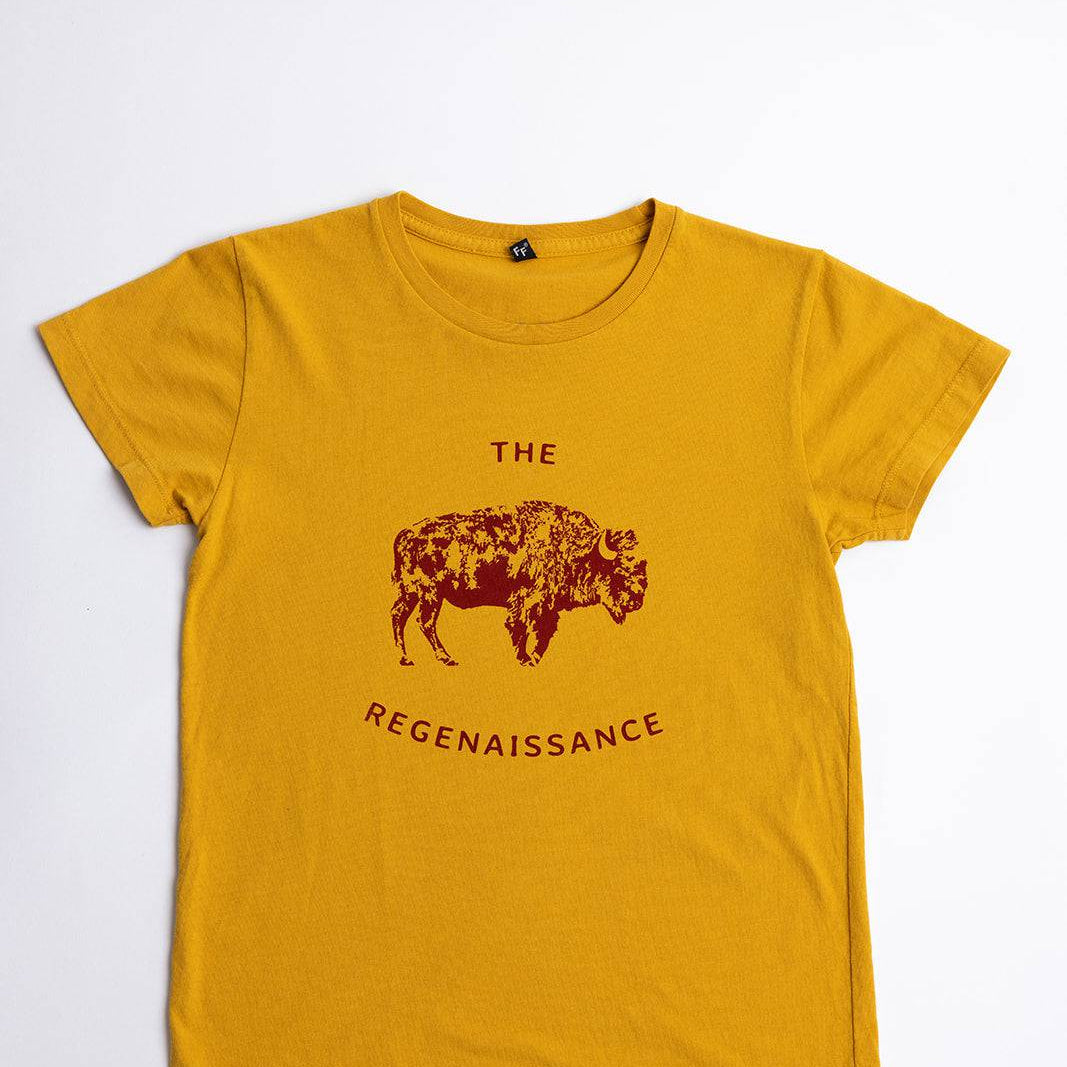 Farm Fresh Clothings Kids OG Bison Tee is a yellow organic cotton kids’ shirt featuring a maroon bison graphic and THE REGENAISSANCE on the front. Made in the USA and inspired by regenerative agriculture.