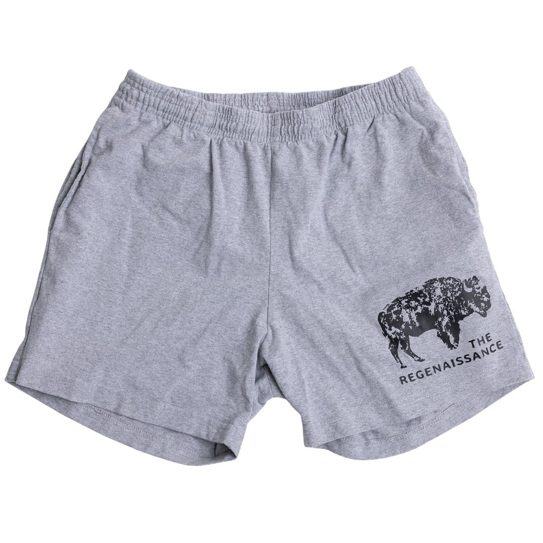 Los Angeles Apparel Men's Bison Shorts in gray feature an elastic waistband, black bison graphic, and "THE REGENAISSANCE" print on the lower left leg inspired by regenerative living.