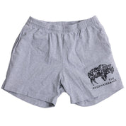 Los Angeles Apparel Men's Bison Shorts in gray feature an elastic waistband, black bison graphic, and "THE REGENAISSANCE" print on the lower left leg inspired by regenerative living.