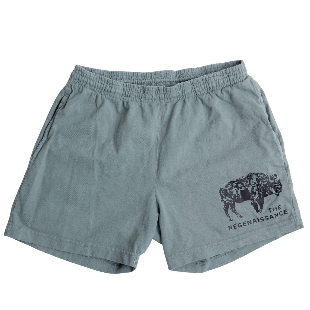 Atlantic Green Men's Bison Shorts by Los Angeles Apparel feature an elastic waistband, side pockets, and a buffalo graphic with THE REGENAISSANCE text on the lower left leg, inspired by regenerative living.