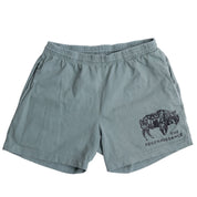 Atlantic Green Men's Bison Shorts by Los Angeles Apparel feature an elastic waistband, side pockets, and a buffalo graphic with THE REGENAISSANCE text on the lower left leg, inspired by regenerative living.