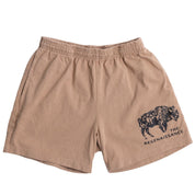 Los Angeles Apparel Men's Bison Shorts in khaki feature an elastic waistband, a black buffalo illustration, and “THE REGENAISSANCE” text on the front left leg—ideal for fans of regenerative living.