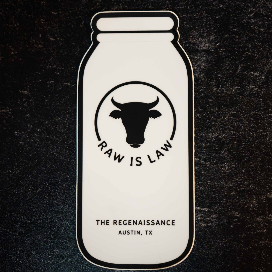 The Regenaissance Sticker Pack by Sticker Mule features a vinyl sticker shaped like a milk bottle with a cow head, RAW IS LAW, and THE REGENAISSANCE, AUSTIN, TX—celebrating real food and regenerative agriculture.