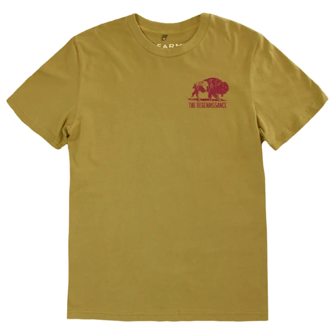 Flat lay front view of mustard Regenerate Agriculture Tee with red bison logo and The Regenaissance text on chest.