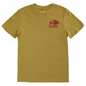 Flat lay front view of mustard Regenerate Agriculture Tee with red bison logo and The Regenaissance text on chest.