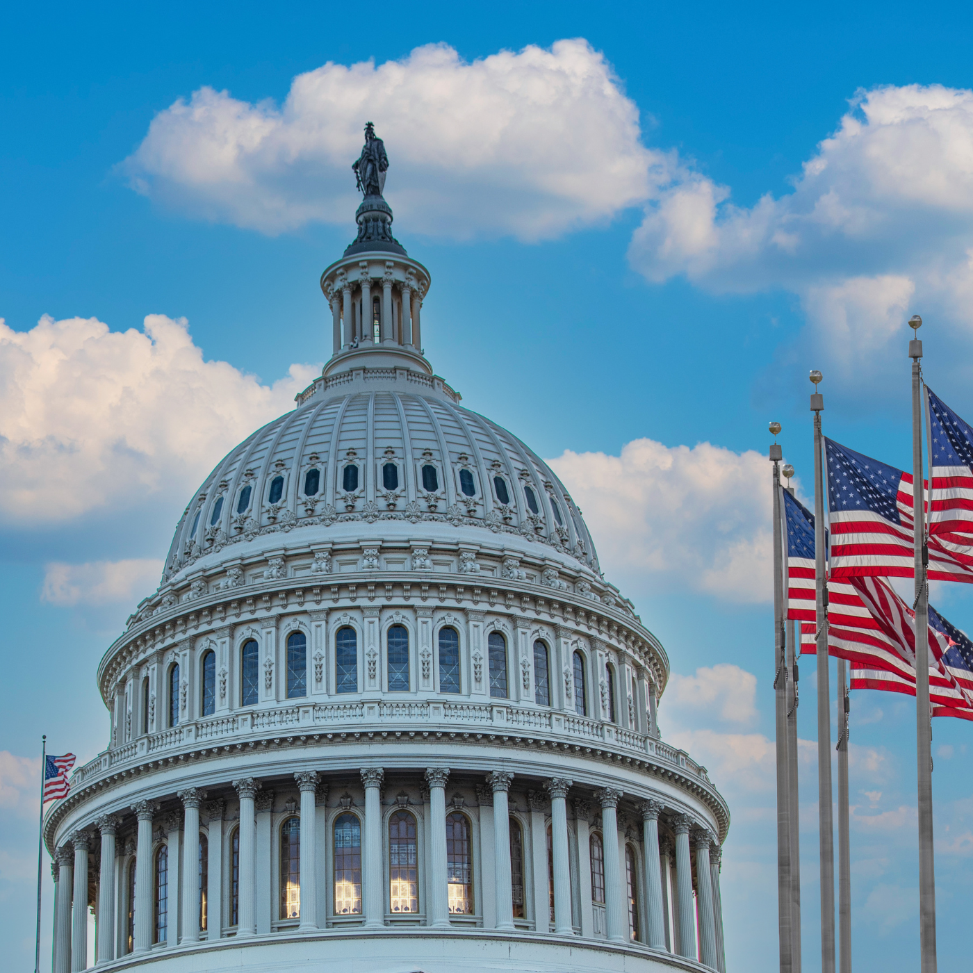 The Capitol building with American flags against a blue sky