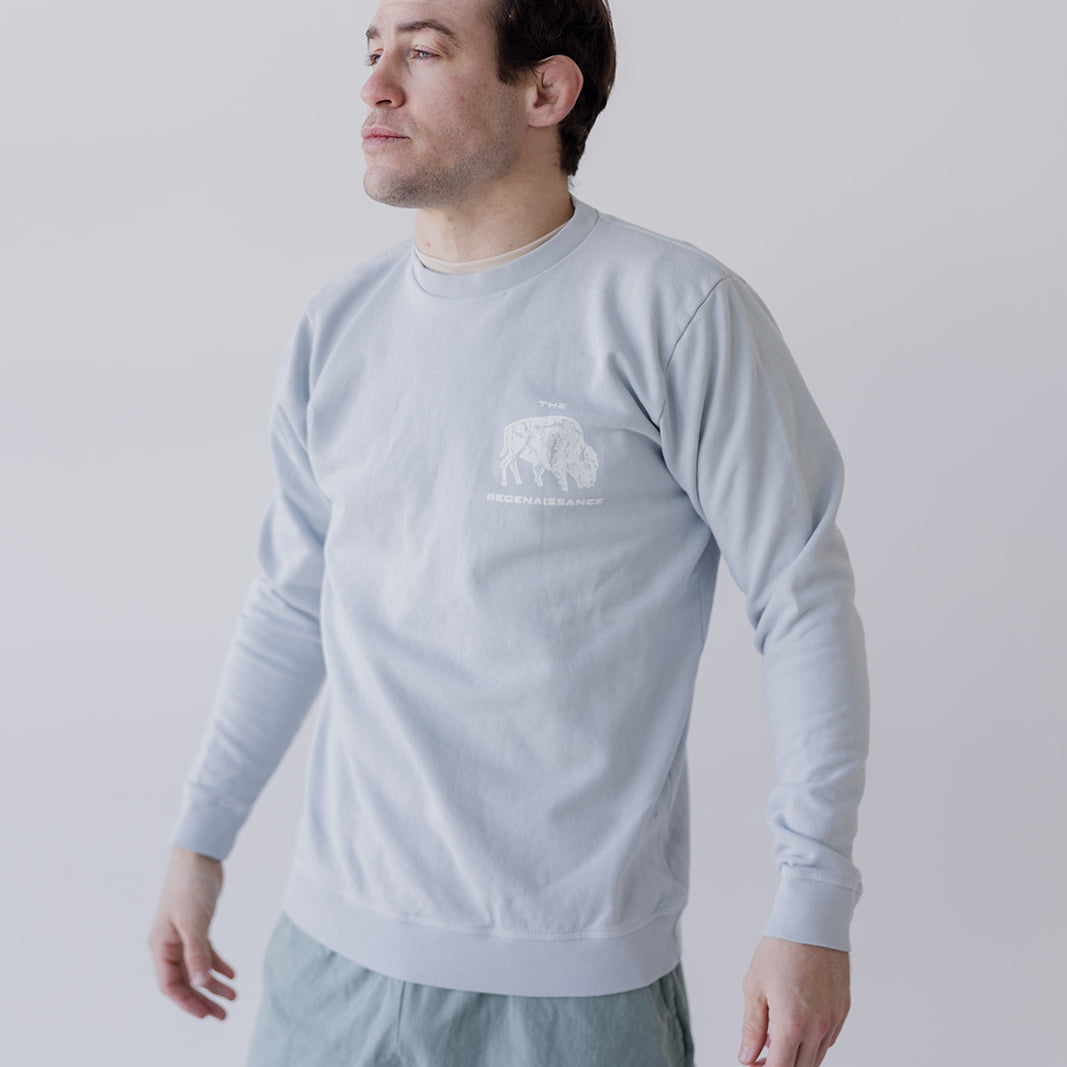 A man in a sky blue Bison Crewneck Sweatshirt by Farm Fresh Clothing with black animal graphic designs stands against a plain light background, looking slightly to the side.