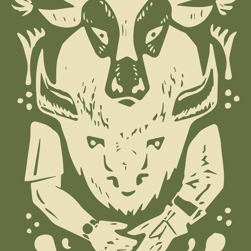 The Shake Your Ranchers Hand Sticker by Sticker Mule features a chicken, cow, and sheep above a handshake on a green background in a cut-paper style, encouraging you to know your farmer and choose real food.